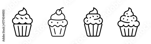 Four delicious cupcakes illustrated a row simple line art sweet treats dessert food icon collection
