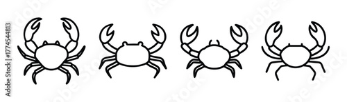 Four stylized line art crabs showing their claws facing forward for marine life graphics