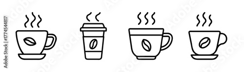 Hot coffee cup icons set steaming beverage drink symbols set