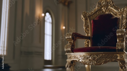 throne. Empty ornate throne in grand hall with soft side lighting and shallow depth of field. real-estate listings.