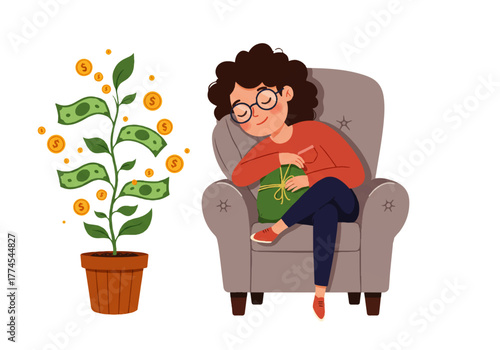 Woman sleeping in armchair hugging a money bag beside a plant growing money and coins in a pot.