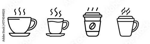 Collection of hot beverage icons coffee cup tea mug steaming drinks cafeteria menu elements