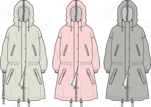Vector technical flat fashion sketch of a women's oversized hooded parka jacket in three color variations for apparel design