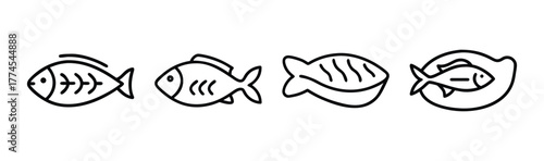 Set of four stylized fish icons simple outline food graphics for seafood and fishing themes