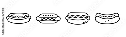 Four hand drawn hot dog icons representing delicious food and fast food options