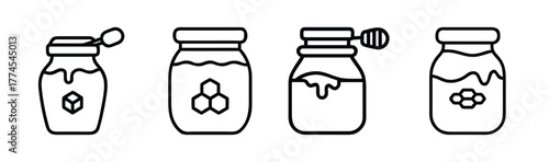 Four decorative honey jar icons with different embellishments and honeycomb designs