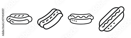 Four simple line drawings of delicious hot dogs with buns and condiments