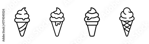 Four hand drawn style ice cream cones featuring soft serve swirls in waffle and sugar cones