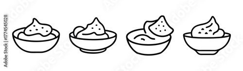 Four delicious hummus bowls with pita bread chips a whimsical hand drawn food art