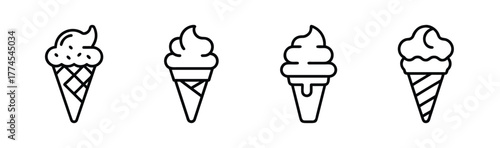 Four hand drawn ice cream cones collection sweet treat icons for summer and desserts