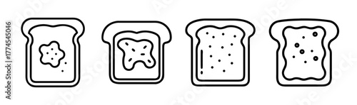 Four slices of toast with different jam spreads morning breakfast food line art