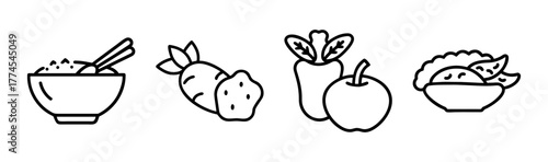 Collection of fresh food icons rice bowl root vegetables bell pepper tomato and salad bowl