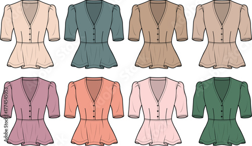 Fashion illustrations of elegant V-neck long-sleeve peplum blouses in various colors, perfect for women's clothing design, apparel templates, and style inspiration