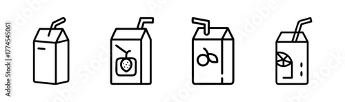 Hand-drawn juice boxes with straws featuring fruit illustrations and simple designs