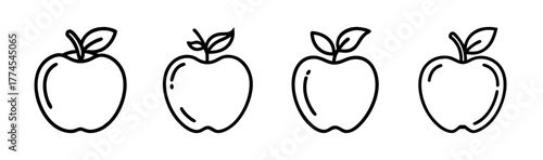 Collection of four outline apples with leaves and stems simple line art fruit graphics