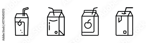 Simple line art icons of juice boxes with straws for various flavors and designs