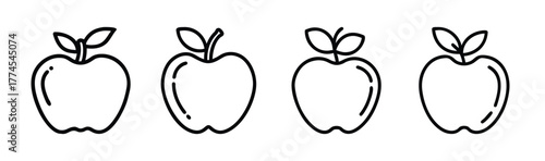 Four hand drawn outline apples with leaves simple fruit icons for design projects
