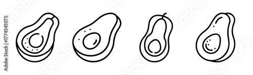 Four hand drawn avocado halves sketch icons simple food design elements