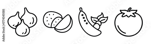 Collection of simple line drawings of fresh vegetables and fruits icons set
