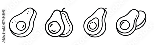 Four hand drawn line art avocados showing halves and whole fruit isolated