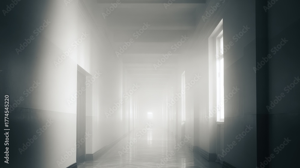 Fototapeta premium veil. A foggy grey corridor with distant doorways and soft, diffused lighting. real-estate listings, architecture portfolios, designed for real-estate listing and luxury residence showcases.