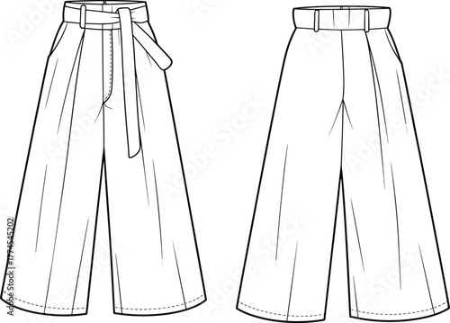 Wide leg trousers flat sketch, high waist design with belt, fashion CAD drawing, technical vector illustration, apparel design templateWide leg trousers flat sketch, high waist design with belt, 
