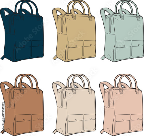 Vector illustration set of modern backpacks in various pastel and neutral colors. Fashion flat sketch template of a rucksack with pockets for technical apparel and accessory design