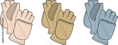 Fashion design template of convertible fingerless gloves with pop-top mitten covers. A versatile handwear apparel flat sketch set