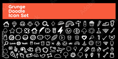 Hand drawn grunge doodle icon set with white outlines on a black background
