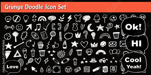 Collection of hand drawn grunge doodle icons and symbols on black background
