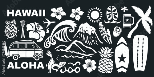 Hawaii aloha tropical island paradise vacation symbols and icons collection