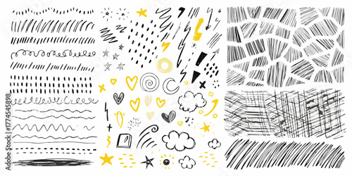 Collection of hand drawn abstract scribbles lines shapes dots stars hearts and clouds in black yellow and gray