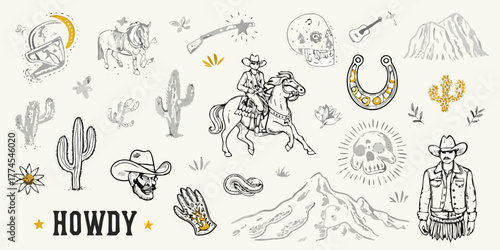 Western cowboy elements collection with howdy text and desert landscape illustrations