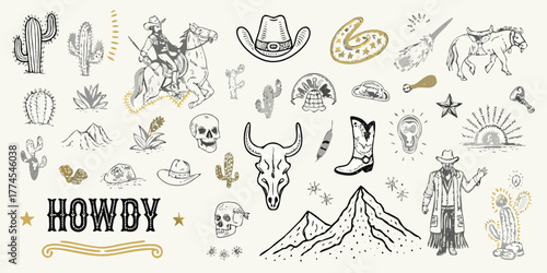 Collection of hand drawn western style illustrations featuring cowboys cacti skulls and mountains