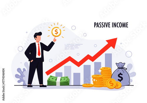 Illustration of a businessman pointing to a dollar coin, representing passive income growth with increasing stacks of money and an upward trending arrow.
