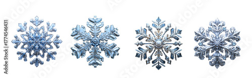 Four detailed, icy blue snowflakes in various intricate designs, isolated on transparent background