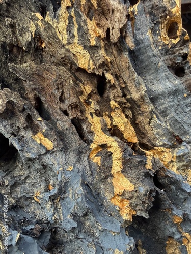 Burnt Tree Bark Texture with Golden Highlights Close-Up