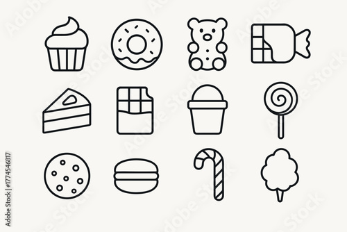 Sweet treats icon set minimalist line art for desserts and candy designs