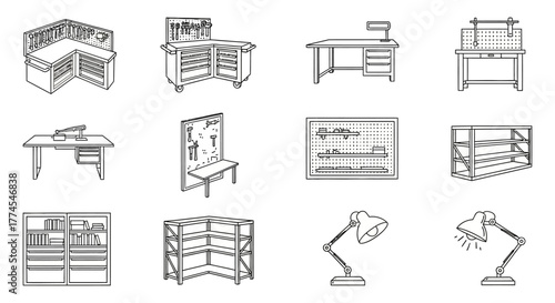 workbench illustration workspace tools equipment for repair storage furniture in outline style for diy projects home improvement and workshop design