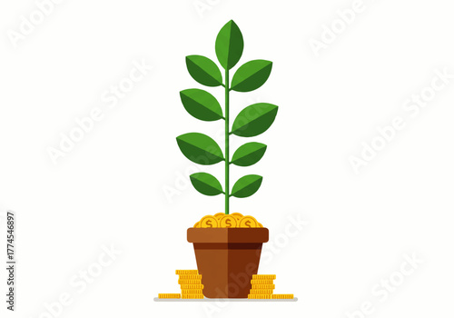 Illustration of a plant growing from a pot filled with gold coins, with more coins stacked at the base, symbolizing financial growth.