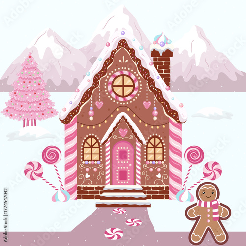 Whimsical Pink Gingerbread House Winter Wonderland with Candy Cane Decor