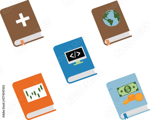 Educational subject books illustration featuring coding finance geography health and trading icons, modern learning concept vector for school and online education.