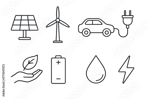Linear icons of renewable energy sources and ecofriendly technology