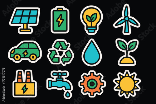 Ecofriendly energy icons solar, wind, electric, and sustainability symbols