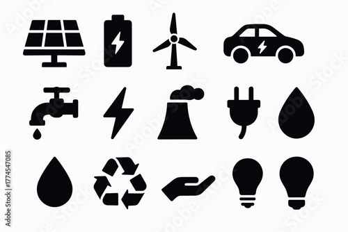 Clean energy and sustainability icon set solar, wind, electric transport, and conservation symbols
