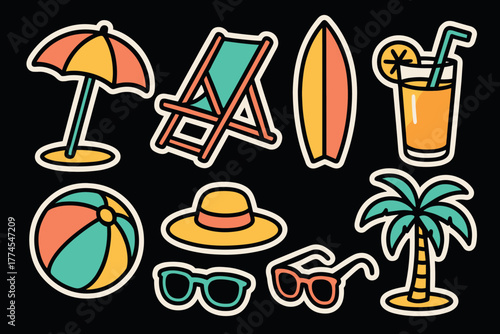 Retro beach day icons set with tropical vibes and summer essentials