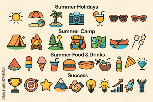 Colorful summer icons for holidays, camp, and success concepts