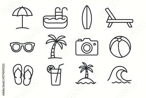 Summer beach essentials icon set featuring tropical vibes and beach activities in linear style
