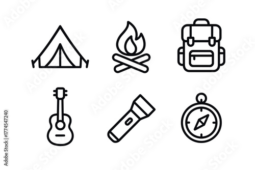 Camping essentials icons set tent, campfire, backpack, guitar, flashlight, compass in simple outline style