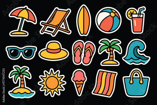 Vibrant summer beach icons on black background for fun designs